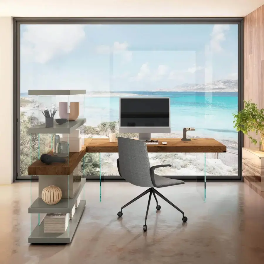 Exceptional Lago Air study unit with a clear glossy desk and transparent glass supports, complemented by light wood veneer cabinetry and gray shelving