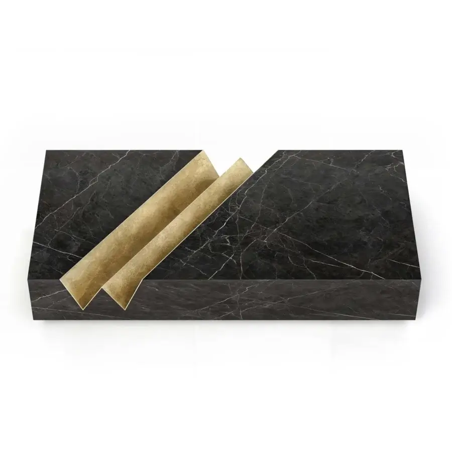 Exclusive WAYNE Enterprises WE-004 coffee table built in dark marble with white veining and gold accents, finished with a matte surface