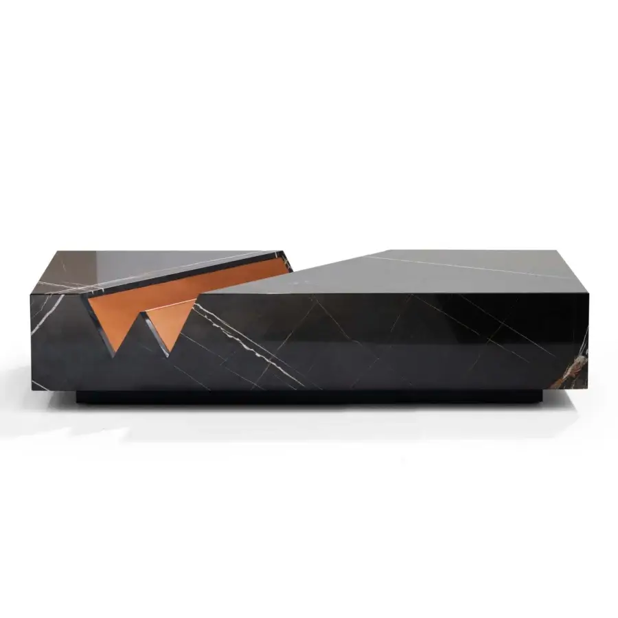 Exclusive WAYNE Enterprises WE-004 coffee table in premium marble with white veining and glossy finish, built with lacquered black base