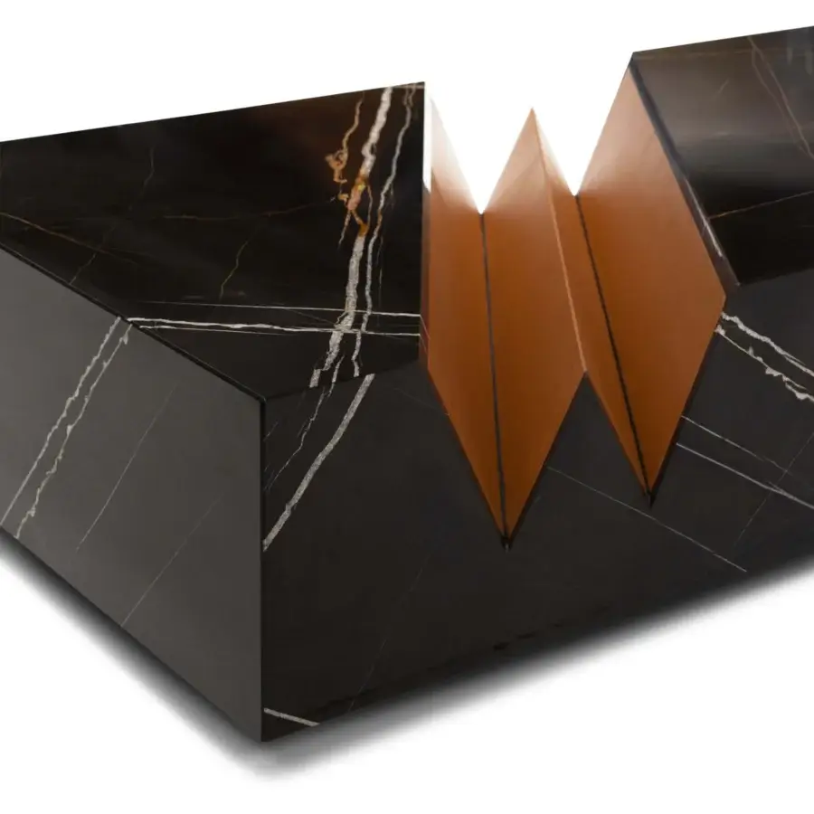 Distinctive WAYNE Enterprises WE-004 coffee table crafted with dark marble exhibiting white and gold veining in a glossy finish