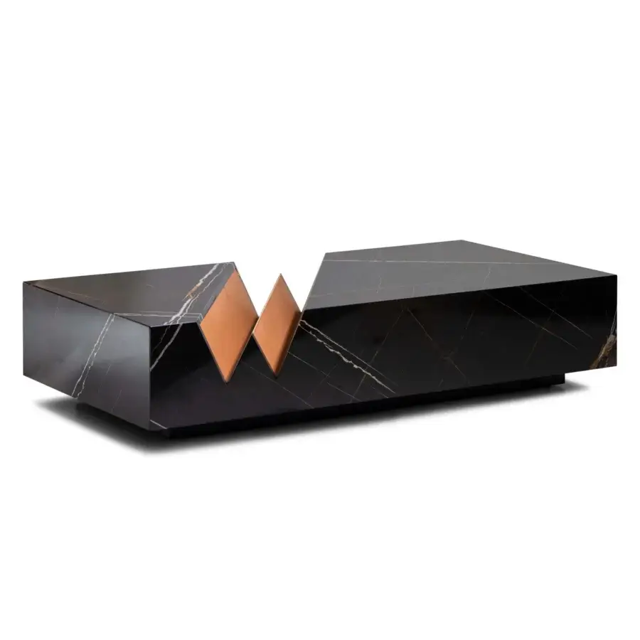 Superior WAYNE Enterprises WE-004 coffee table with dark marble construction and lacquered base exhibiting white gold veining