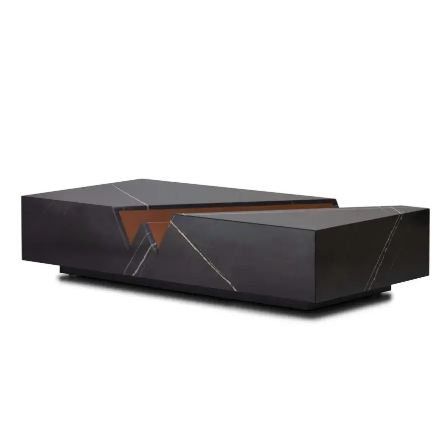 Captivating WAYNE Enterprises WE-004 coffee table with dark marble-like composite, light veining and a lacquered base built in Italy
