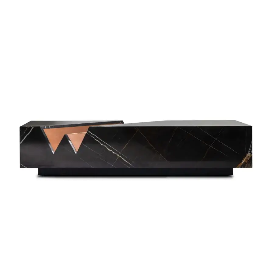 Exclusive WAYNE Enterprises WE-004 coffee table with dark marble, gold veining and copper-colored panels, supported by a lacquered base