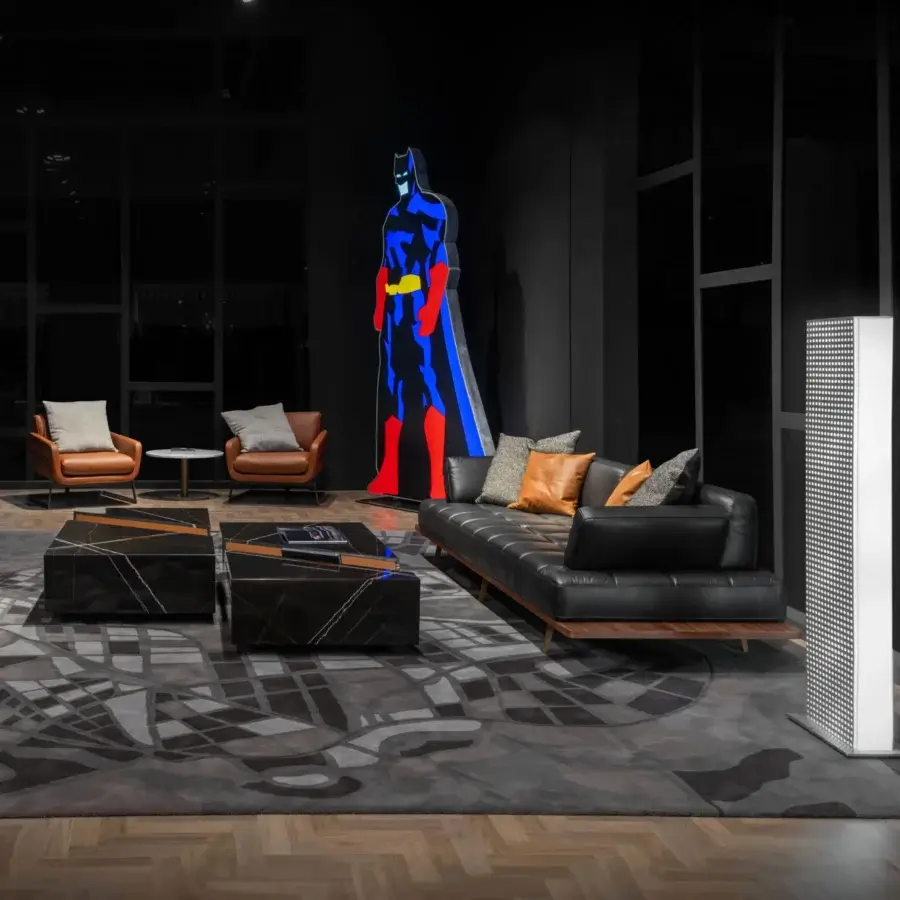 Elegant WAYNE Enterprises WE-113 lounge chair with dark marble-like material and wood-like strip, glossy finish