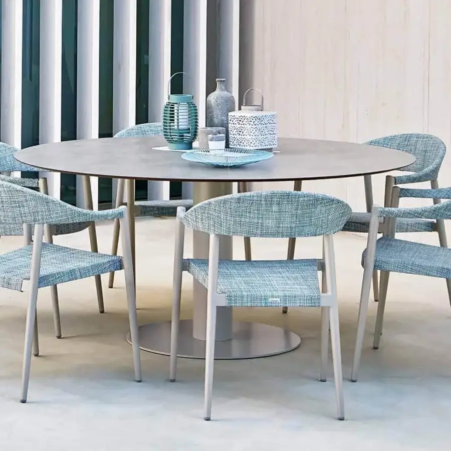 Exceptional Varaschin Clever armchair with a powder-coated aluminum frame and light blue VAR#TEX woven construction