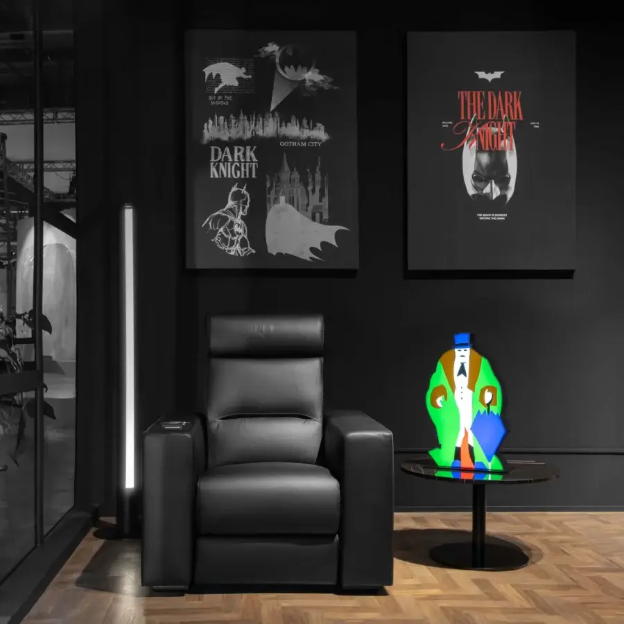 Exclusive WAYNE Enterprises WE-037 side table with dark marble top and sleek black metal base crafted in Italy with a glossy finish