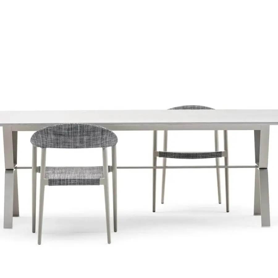 Elegant Varaschin Clever armchair with a powder-coated aluminum frame and skillfully woven light gray and darker gray VAR#TEX fabric