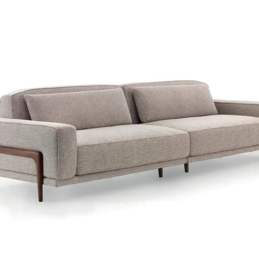 Elegant Pacini & Cappellini Costanza sofa with light brown fabric and refined wooden armrests and feet