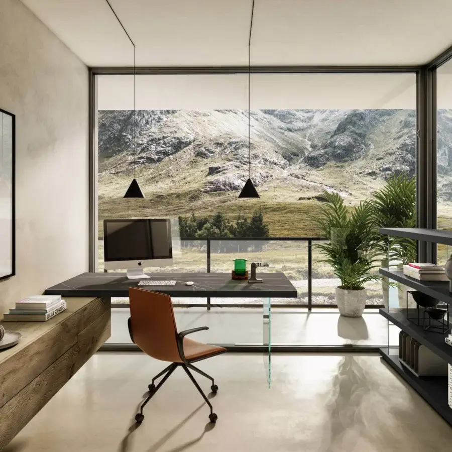 Exceptional Lago Air desk with lightened solid oak top and transparent tempered glass leg crafted in Italy