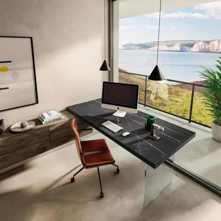 Captivating Lago Air desk with a black marble-like tabletop and transparent tempered-glass leg crafted from heat-treated solid oak