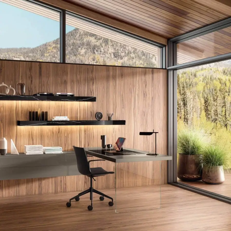 Innovative Lago Air desk with gray lightened solid oak surface and transparent tempered-glass leg crafted in Italy