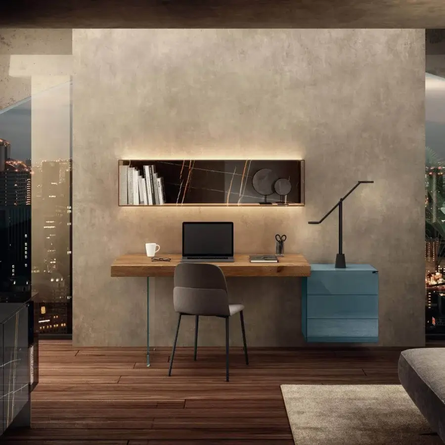 Distinguished Lago Air desk with lightened solid oak tabletop, transparent tempered glass and glossy blue drawer structure