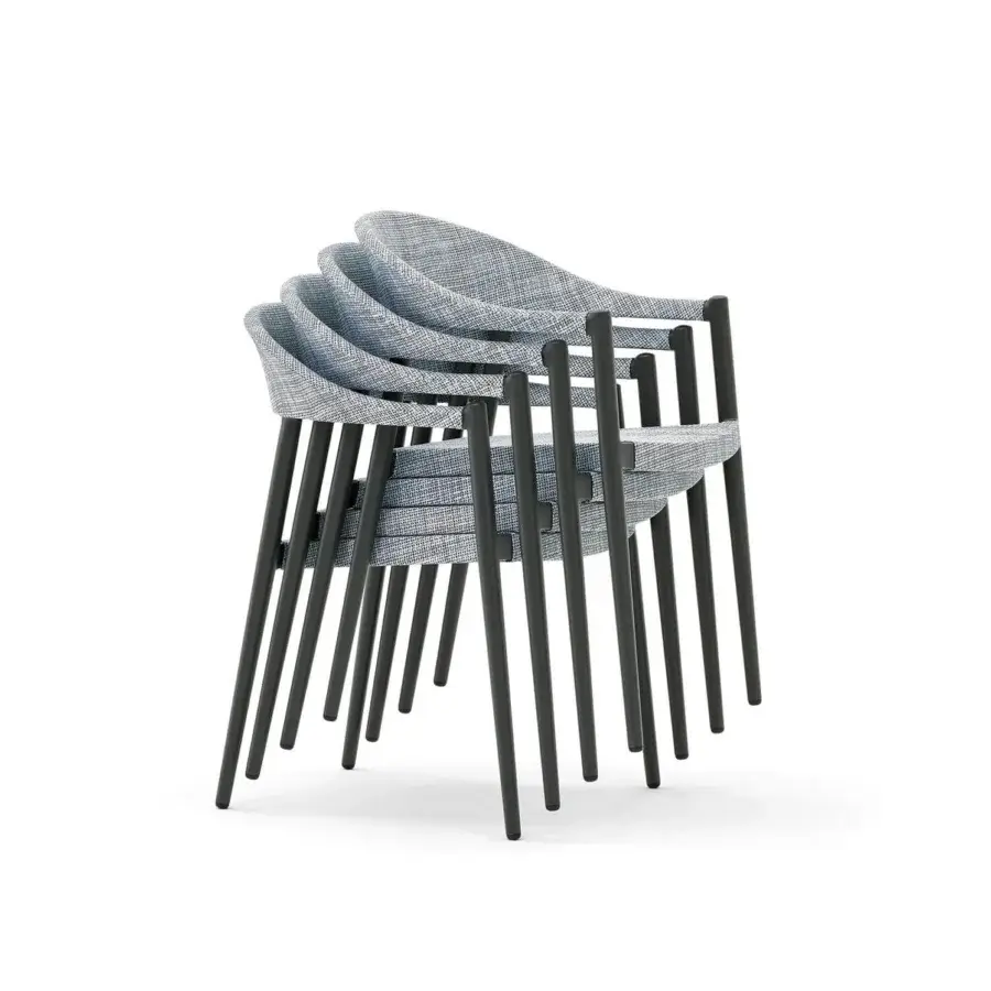 Superior Varaschin Clever armchair with a powder-coated dark gray aluminum frame and light blue patterned VAR#TEX seat