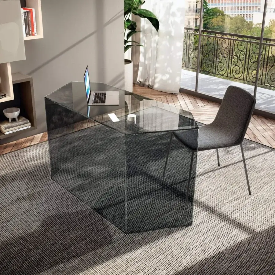 Superior Lago Livre desk with a sleek gray glass frame and hexagonal top exhibiting a glossy finish
