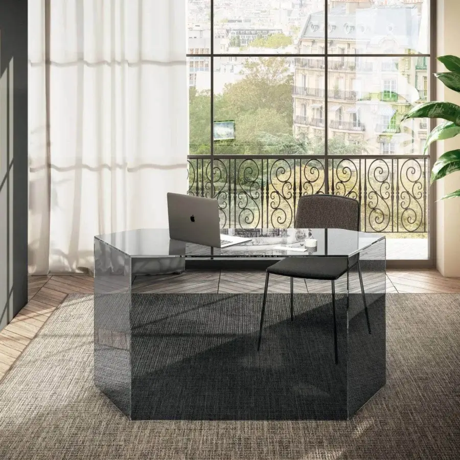 Exceptional Lago Livre desk with a sculptural hexagonal top and glossy dark gray glass construction