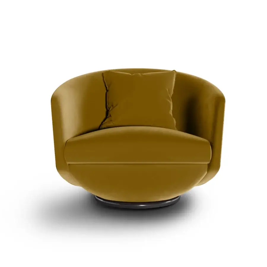 Elegant WAYNE Enterprises WE-035 lounge chair upholstered in smooth mustard yellow textile with lacquered base