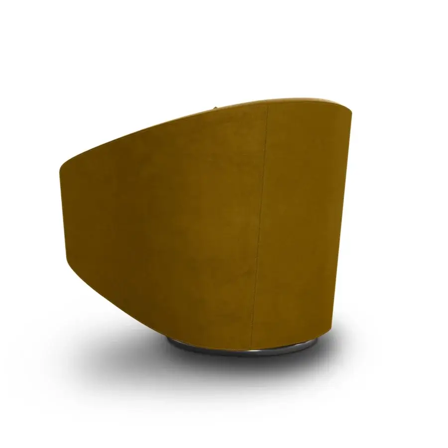 Distinctive WAYNE Enterprises WE-035 lounge chair upholstered in smooth mustard-yellow textile with reflective lacquered base