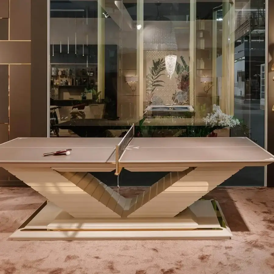 Captivating Vismara Arena table tennis table with extra matt lacquered top and lacquered wooden V-shaped base accented with polished gold plated metal