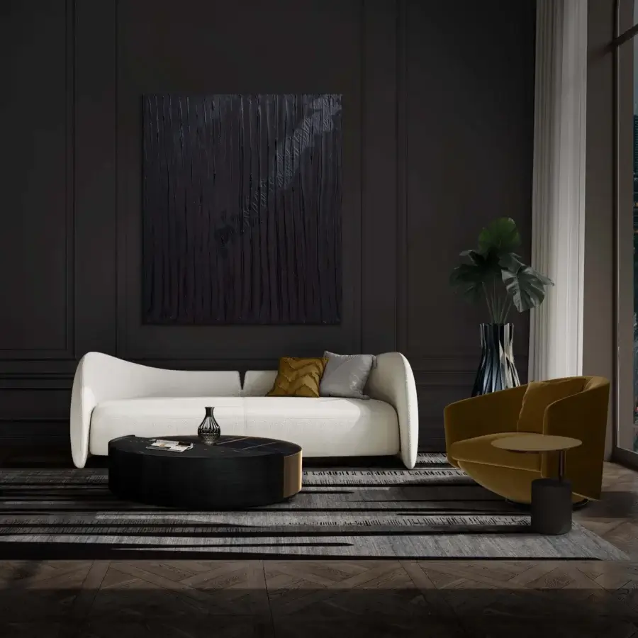 Distinguished WAYNE Enterprises WE-034 coffee table with marble top, dark lacquered base and metallic gold band