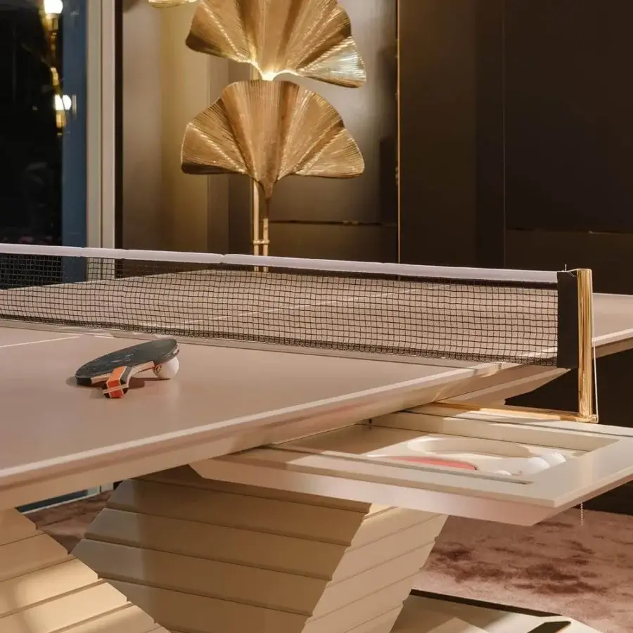 Distinguished Vismara Arena table tennis table with extra matt lacquered top and lacquered wooden V-shaped base with polished gold plated details
