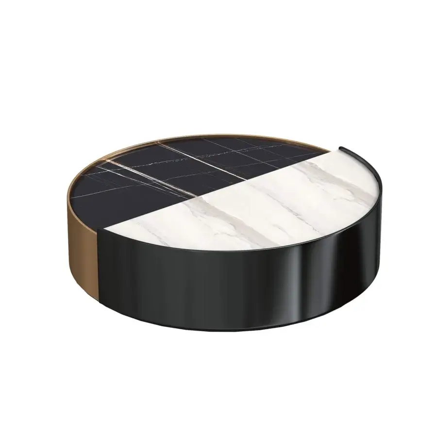 Exclusive WAYNE Enterprises WE-034 coffee table with a bisected marble top and lacquered black base with gold accent