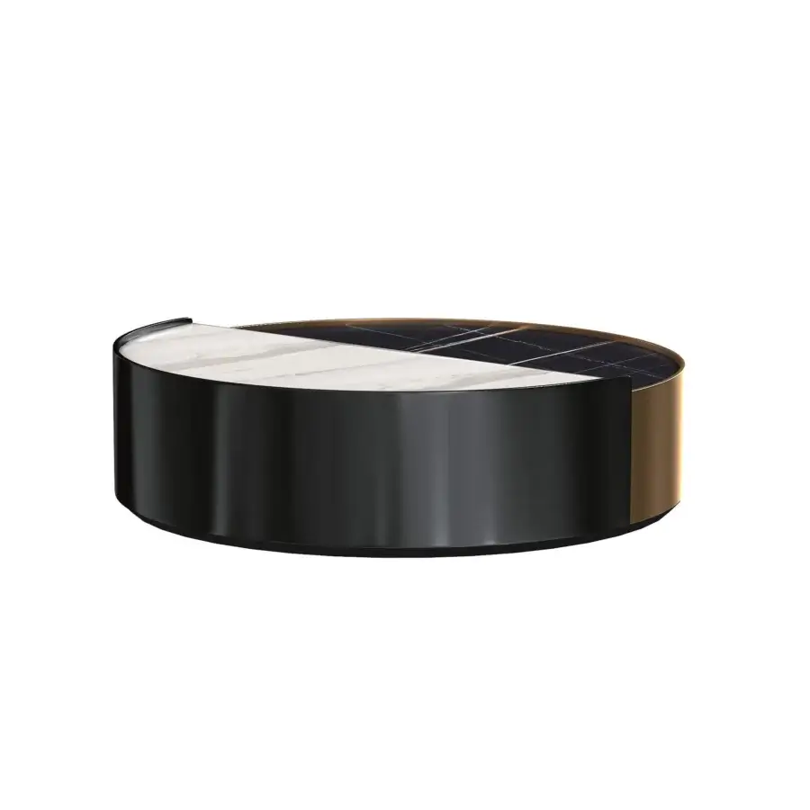 Sophisticated WAYNE Enterprises WE-034 coffee table with cylindrical glossy black base and contrasting marble-like top crafted in Italy