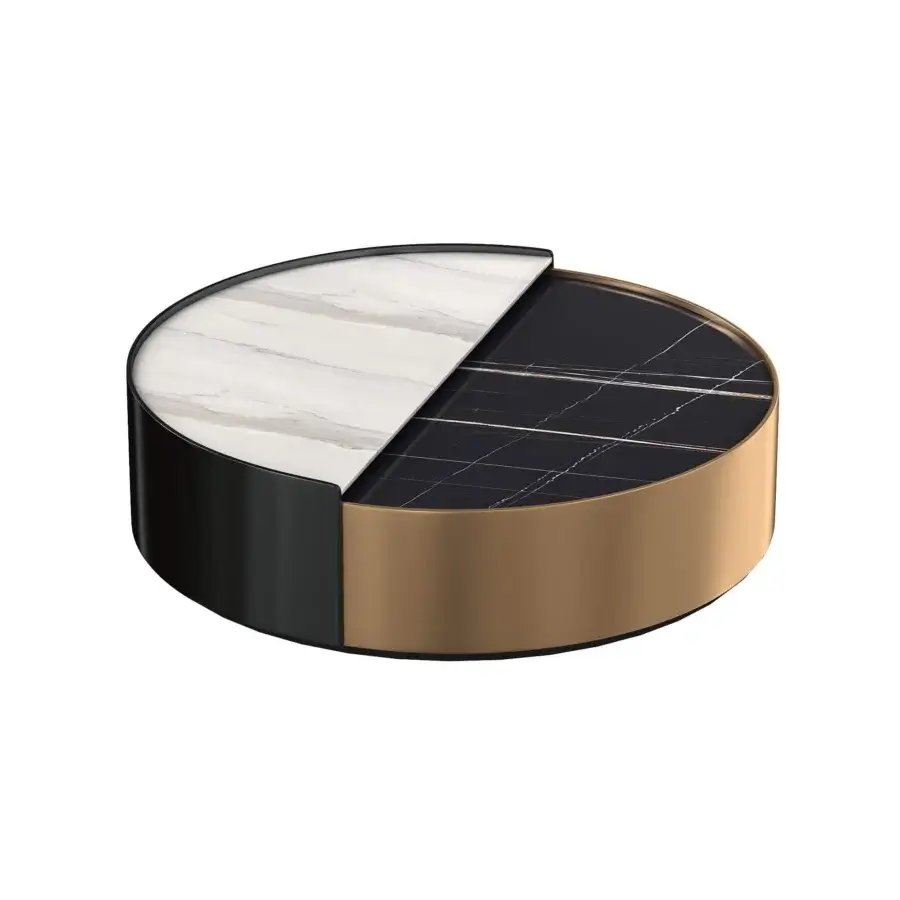 Distinguished WAYNE Enterprises WE-034 coffee table with marble top in black and white veining plus lacquered base crafted in gold and black metal