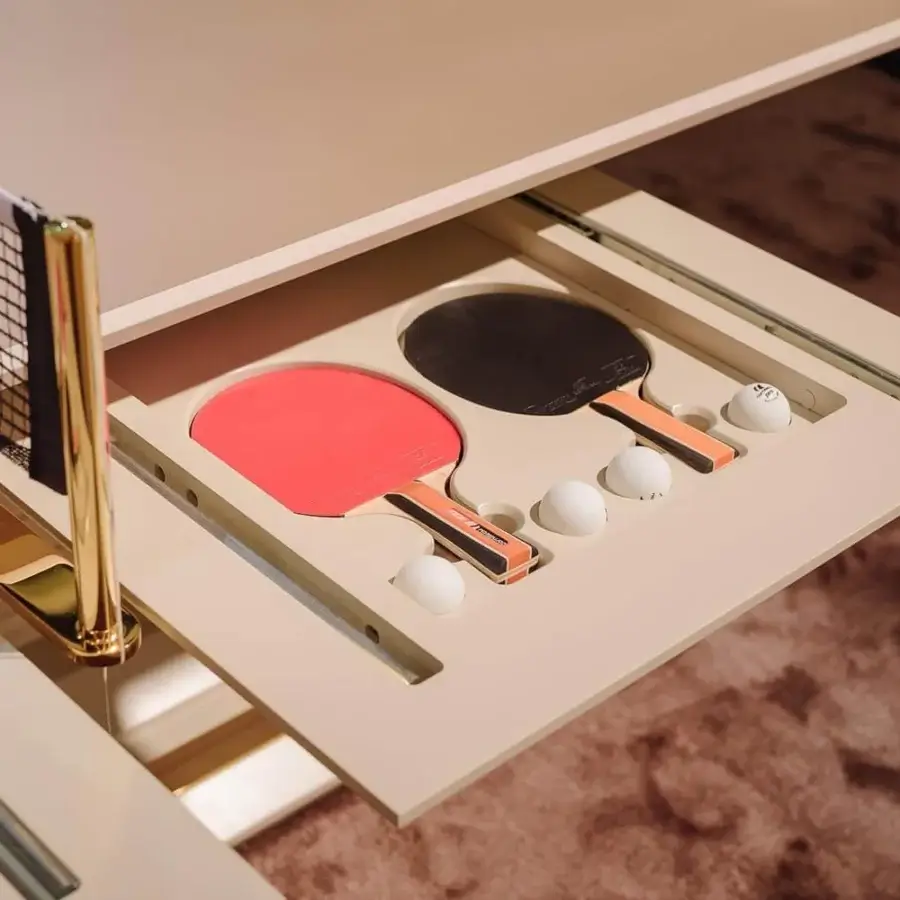Exclusive Vismara Arena table tennis table with extra matt lacquered top and lacquered wooden V-shaped base built with hidden drawers