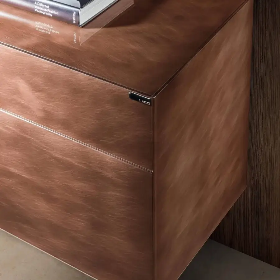 Exceptional Lago Materia Suspended Sideboard with reddish-brown XGlass cladding and glossy wood finish crafted in Italy