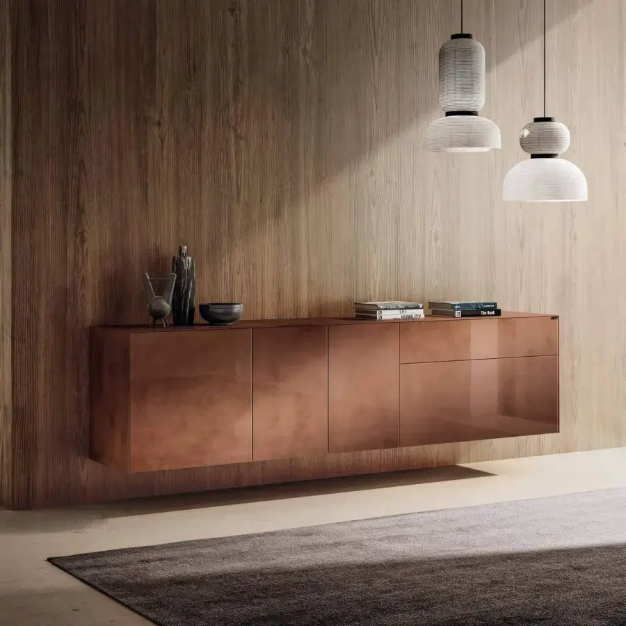 Distinguished Lago Materia Suspended Sideboard with pure linear design in warm brown wood or veneer and glossy finish