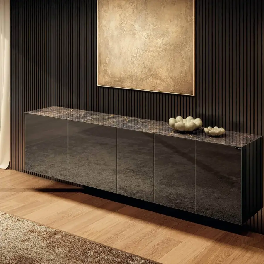 Lavish Lago Materia Suspended Sideboard with pure linear design in lustrous glass and marbled glass top