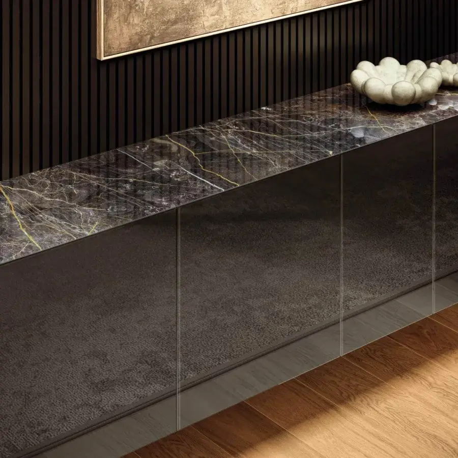 Distinguished Lago Materia Suspended Sideboard with XGlass marble top and textured dark brown body in glossy finish