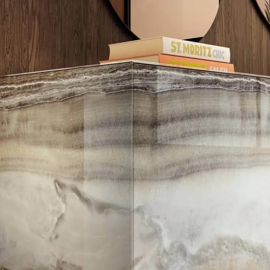 Exceptional Lago Materia Suspended Sideboard with beige, cream and brown XGlass finish and handless facade