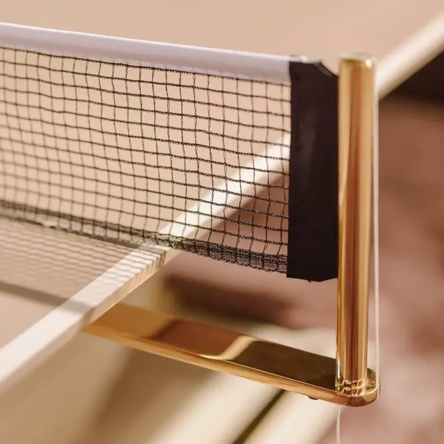Superior Vismara Arena table tennis table with light-colored lacquered top and polished gold plated steel net tensioners