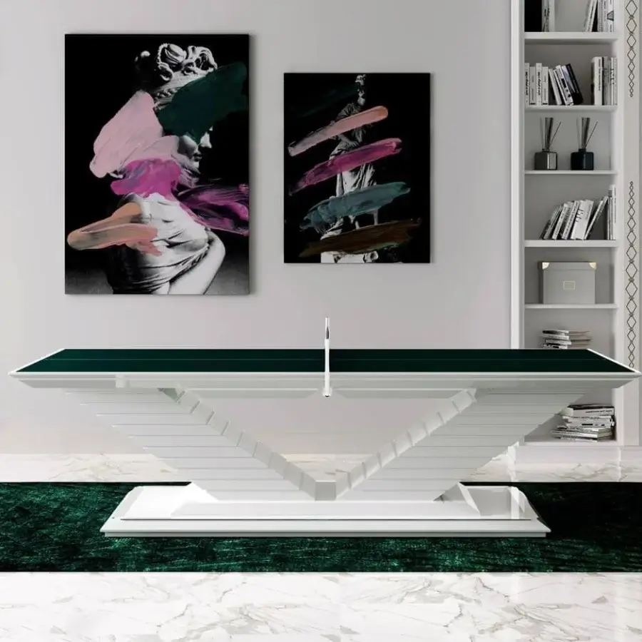 Distinguished Vismara Arena table tennis table with extra matt lacquered top and dark green playing surface in polished chrome steel