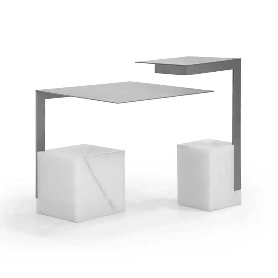Exceptional WAYNE Enterprises WE-202 side table with matte gray metal top and white cube base evoking marble