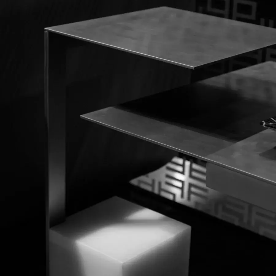 Superior WAYNE Enterprises WE-202 side table in dark gray metal with matte finish and bright white cubic base