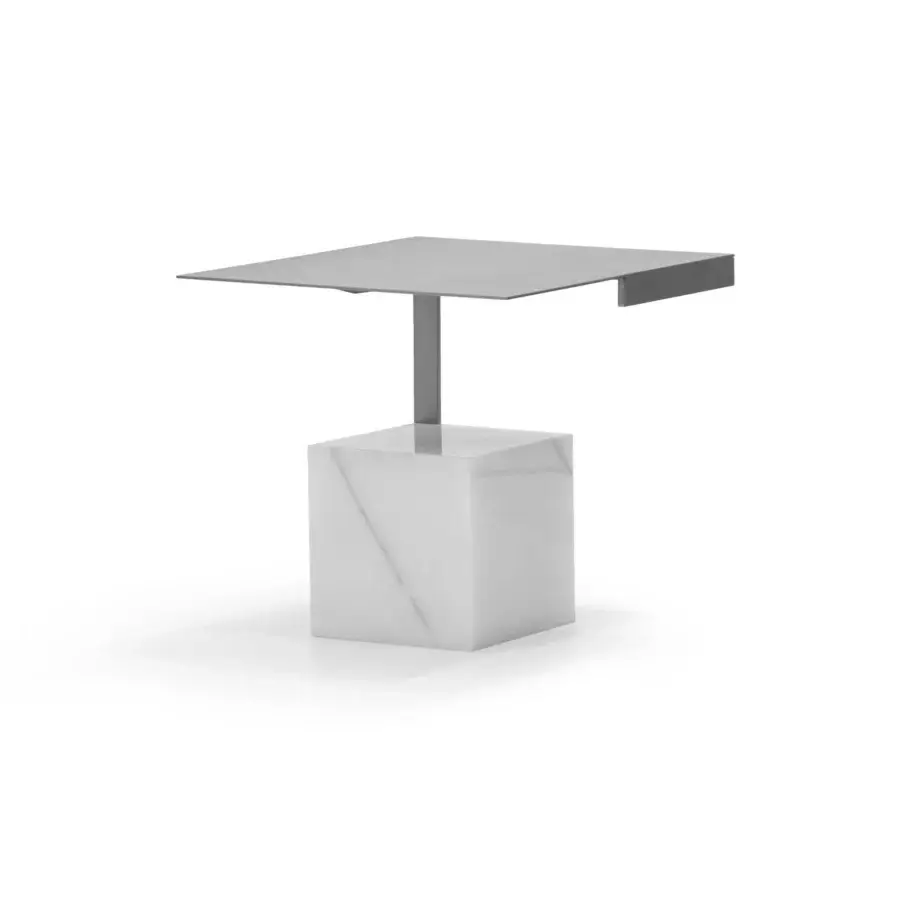 Distinguished WAYNE Enterprises WE-202 side table with matte grey metal top and white marble cubic base crafted with grey veining