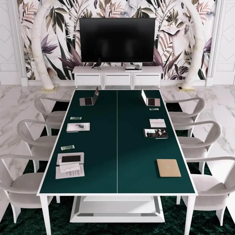 Exceptional Vismara Arena table with extra matt lacquered dark green surface and matt white lacquered V-shaped base crafted in polished chrome steel