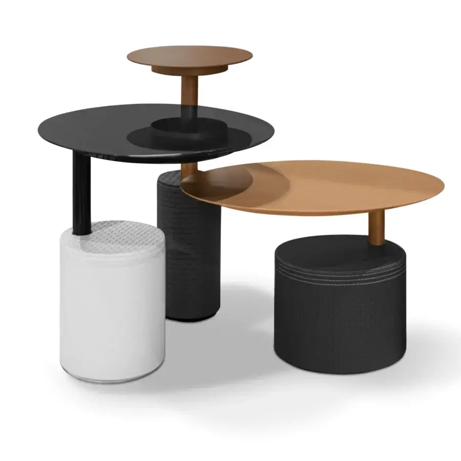 Exceptional WAYNE Enterprises WE-202 side table with brown circular top and woven leather base