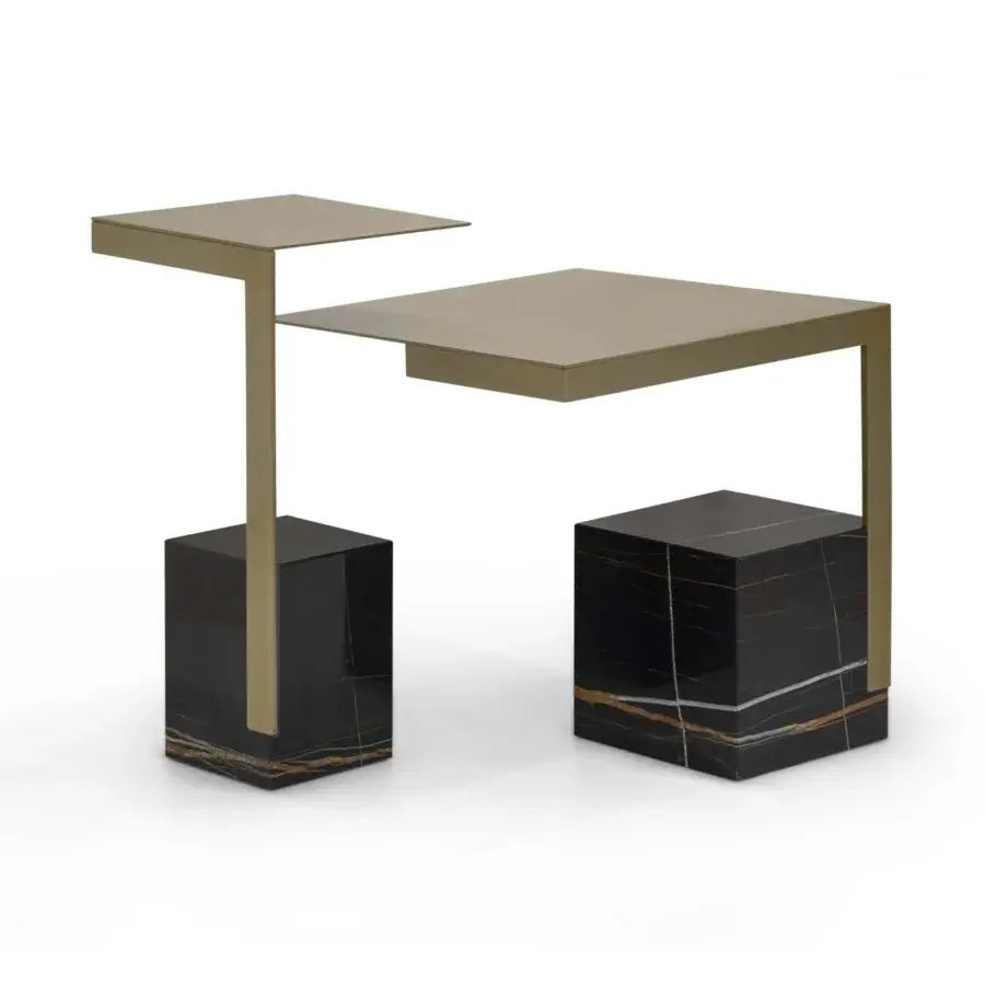 Elegant WAYNE Enterprises WE-202 side table crafted in champagne-gold metal with richly veined black marble and a sleek finish