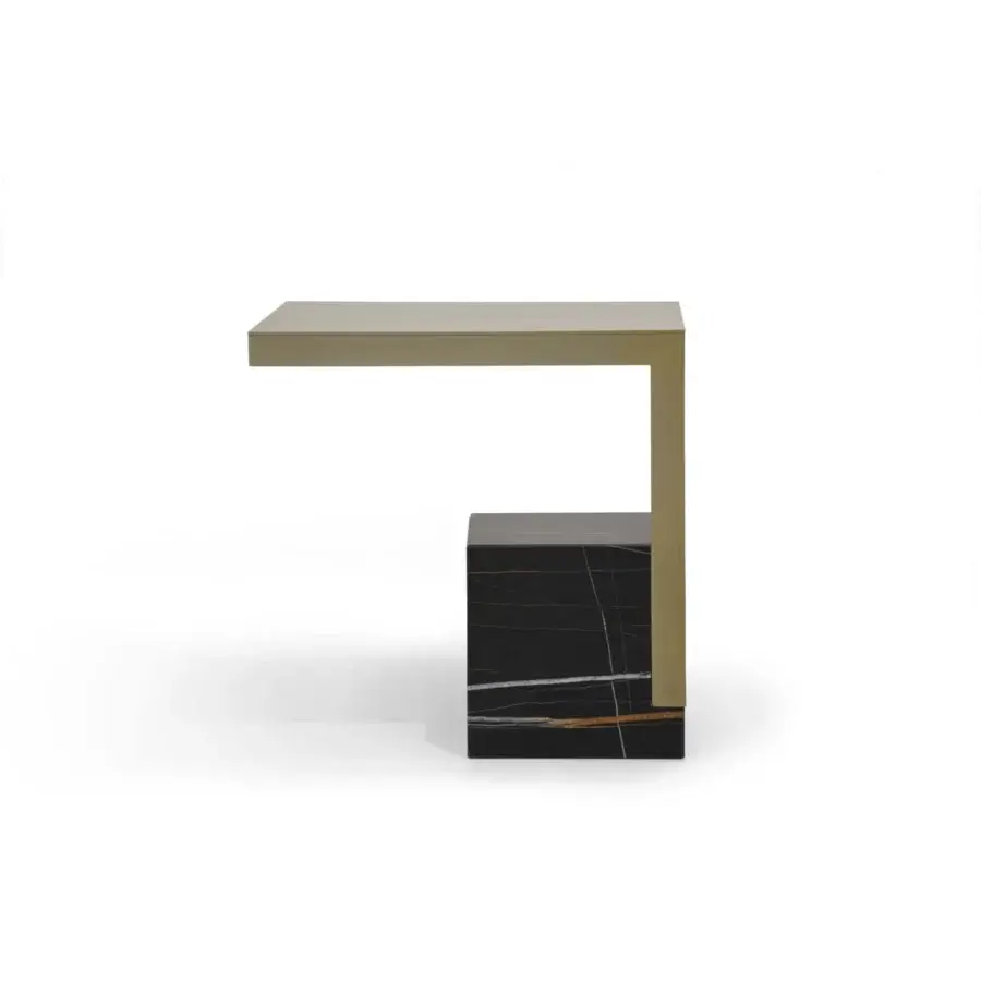 Distinguished WAYNE Enterprises WE-202 side table with cantilevered metal tabletop and black marble base exhibiting white gold veining in matte finish