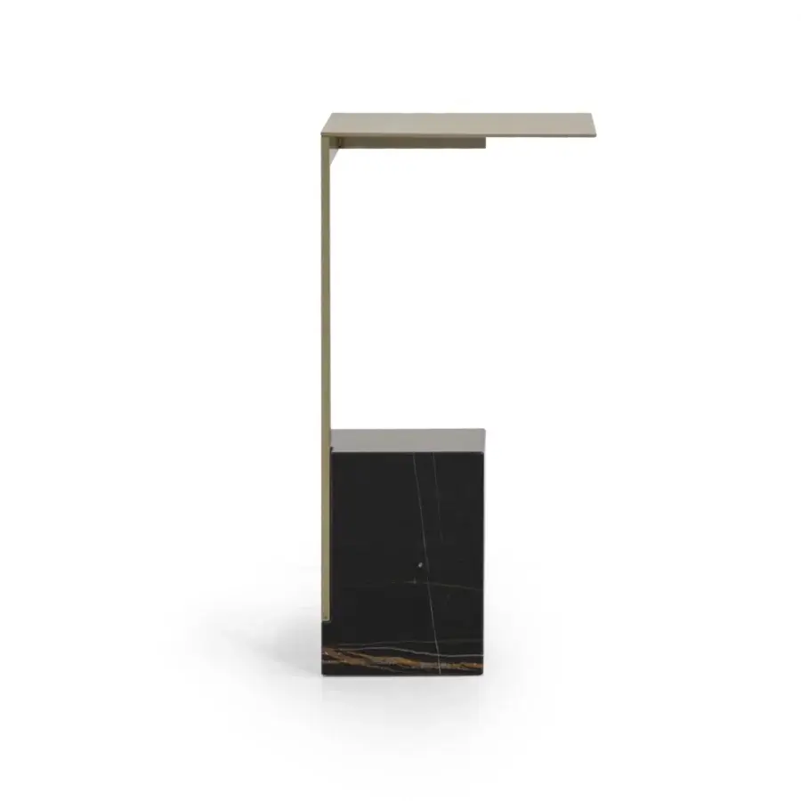 Exclusive WAYNE Enterprises WE-202 side table with cantilevered metal surface and marble-print leather base crafted in Italy