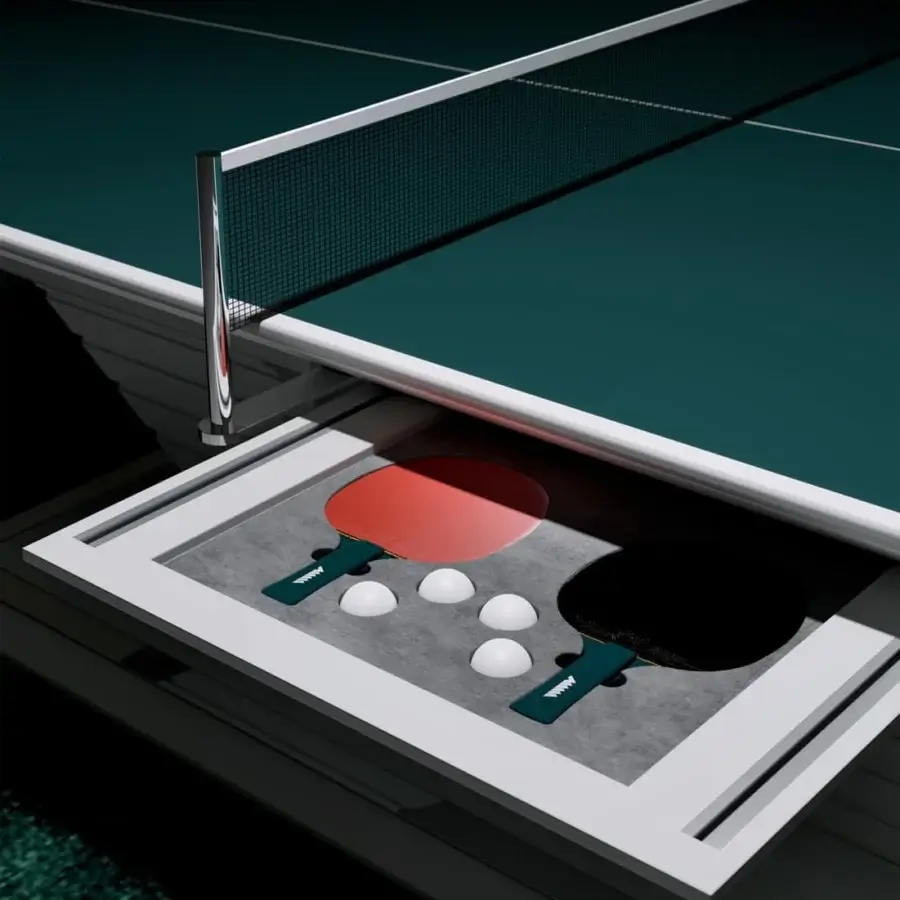 Superior Vismara Arena table tennis table with dark green playing surface and matte lacquered V-shaped base crafted in polished chrome steel