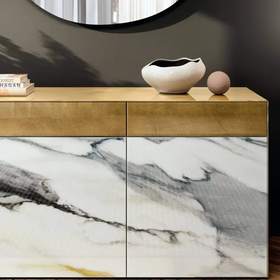 Lavish Lago Materia sideboard with golden wood and white marble XGlass doors exhibiting a sleek contemporary Italian build