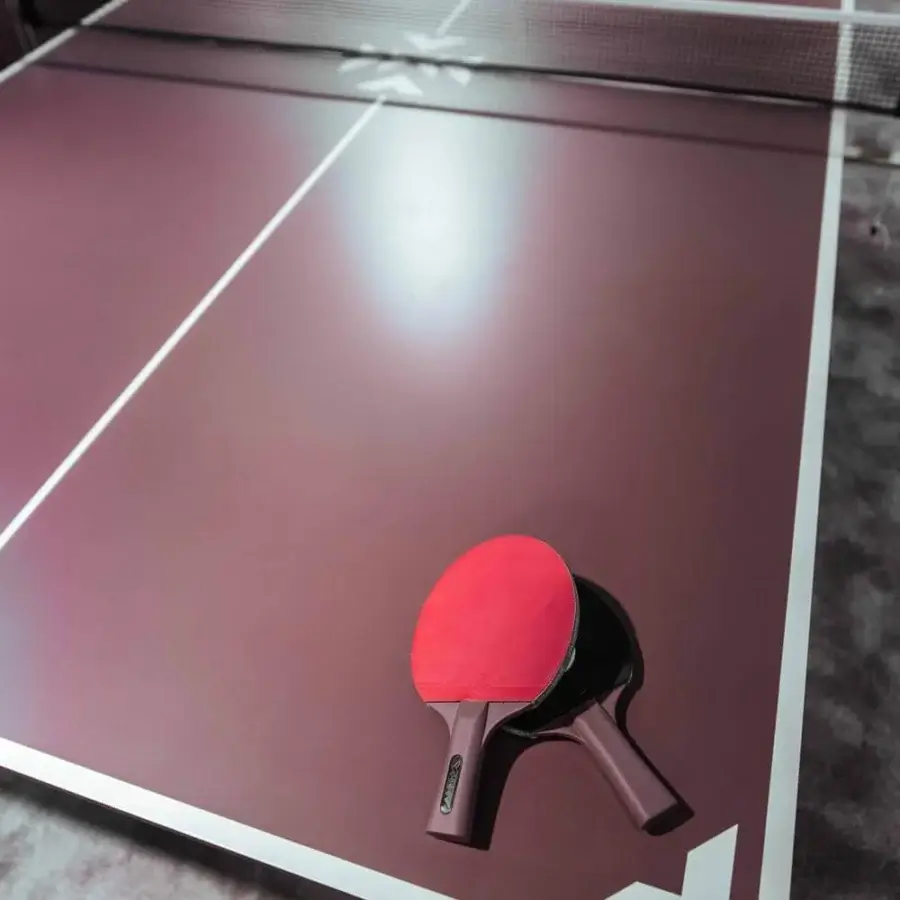 Superior Vismara Arena table tennis table with burgundy lacquered top and polished chrome steel V-shaped base