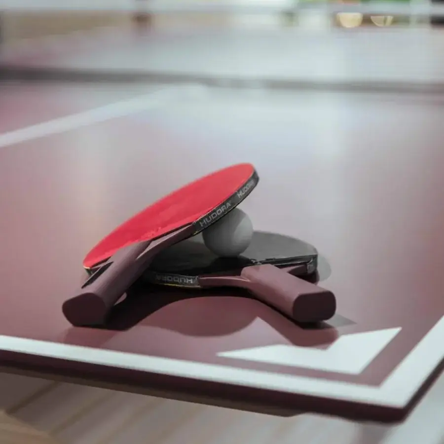 Elegant Vismara Arena table tennis table with maroon lacquered top and V-shaped lacquered wooden base crafted in Italy