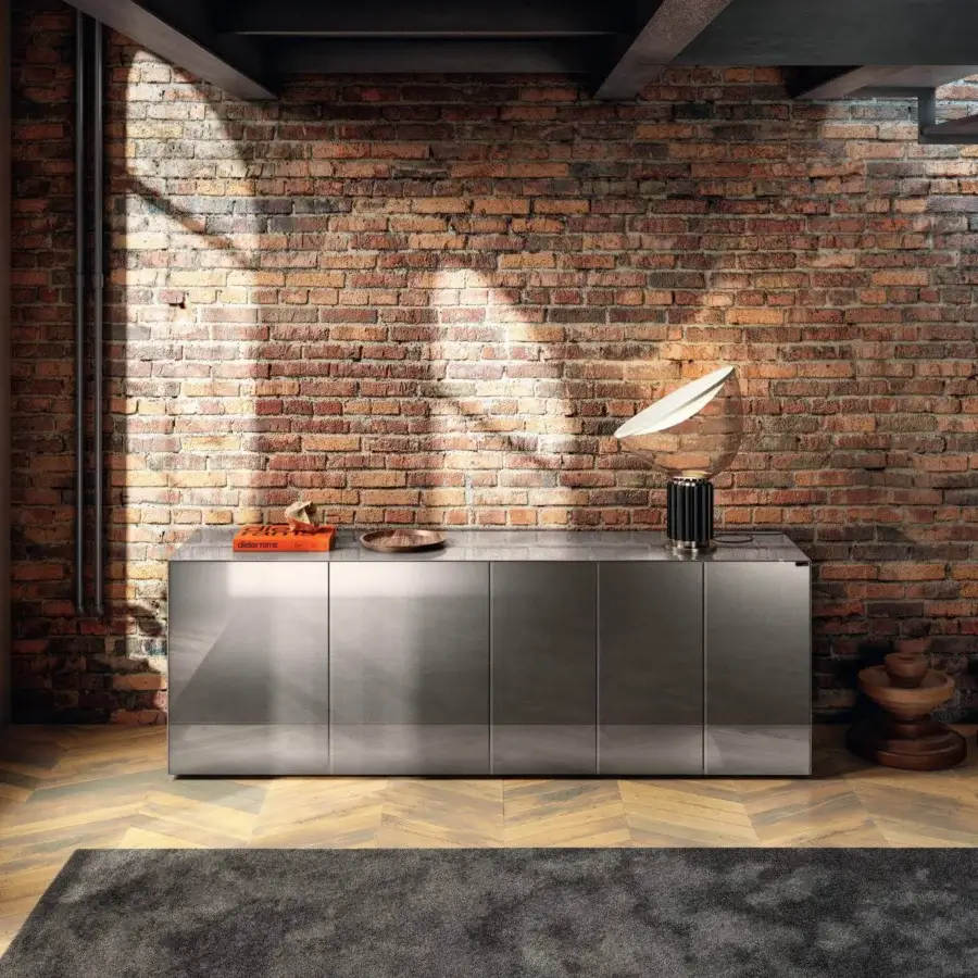 Superior Lago Materia sideboard with linear design crafted in medium gray XGlass exhibiting a handle-free finish