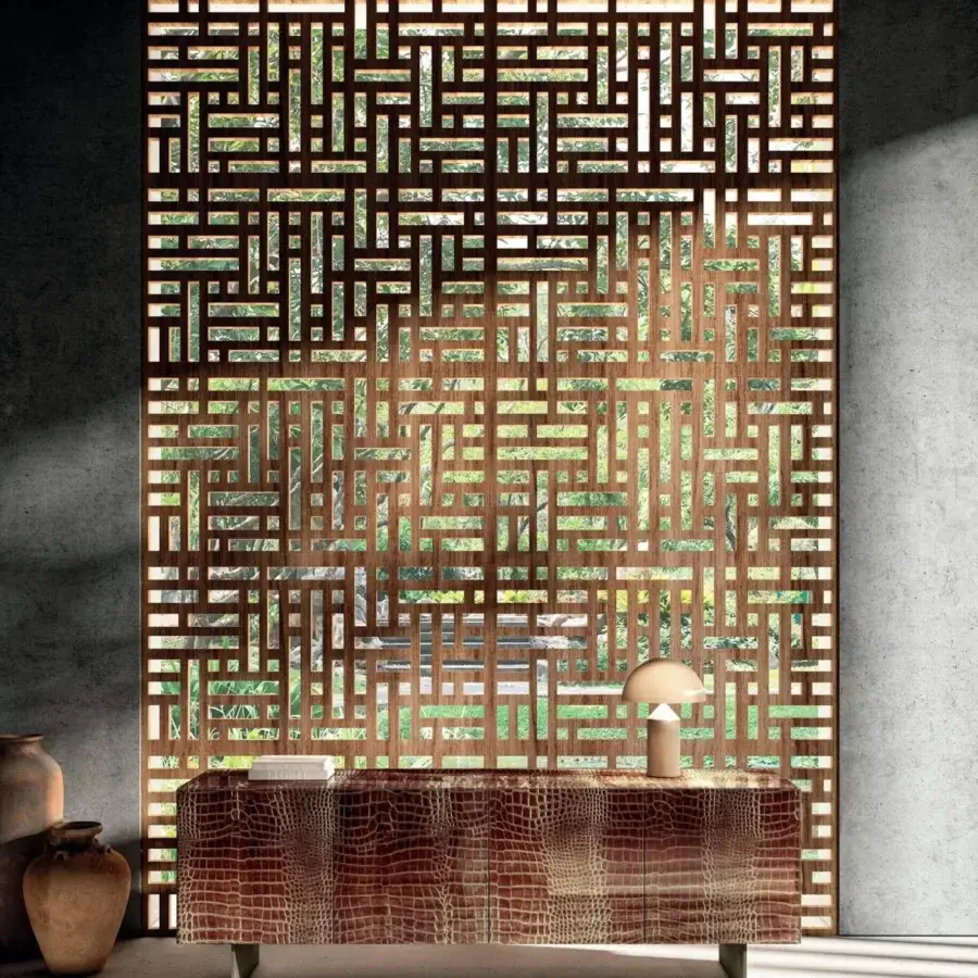 Captivating Lago Materia sideboard with legs exhibiting a textured brown reptile-skin-patterned finish and glossy lacquered surface