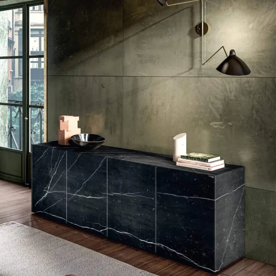 Distinguished Lago Materia sideboard with glossy XGlass marble displaying striking white veining and a push-to-pull opening system crafted in Italy
